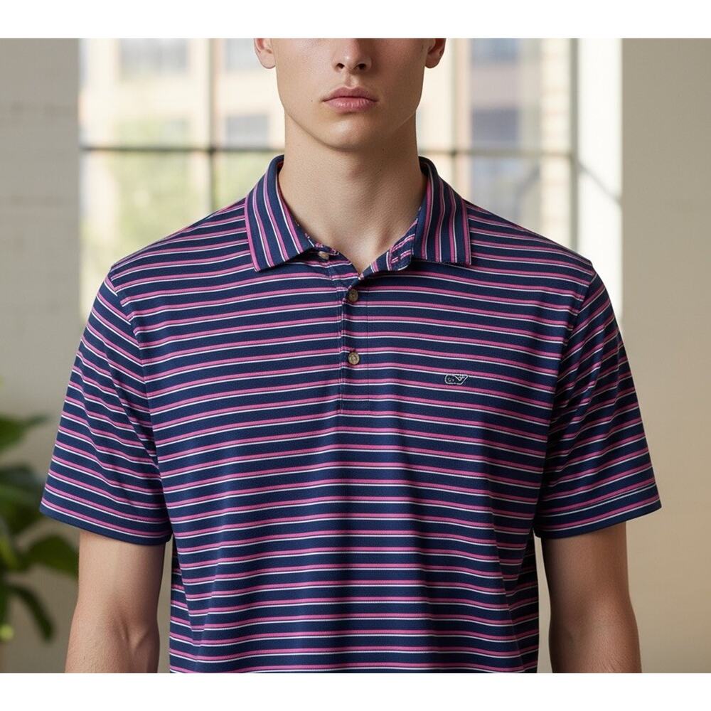 Vineyard Vines Kennedy Stripe Sankaty Performance Polo Navy Pink Men's Large - Picture 1 of 10